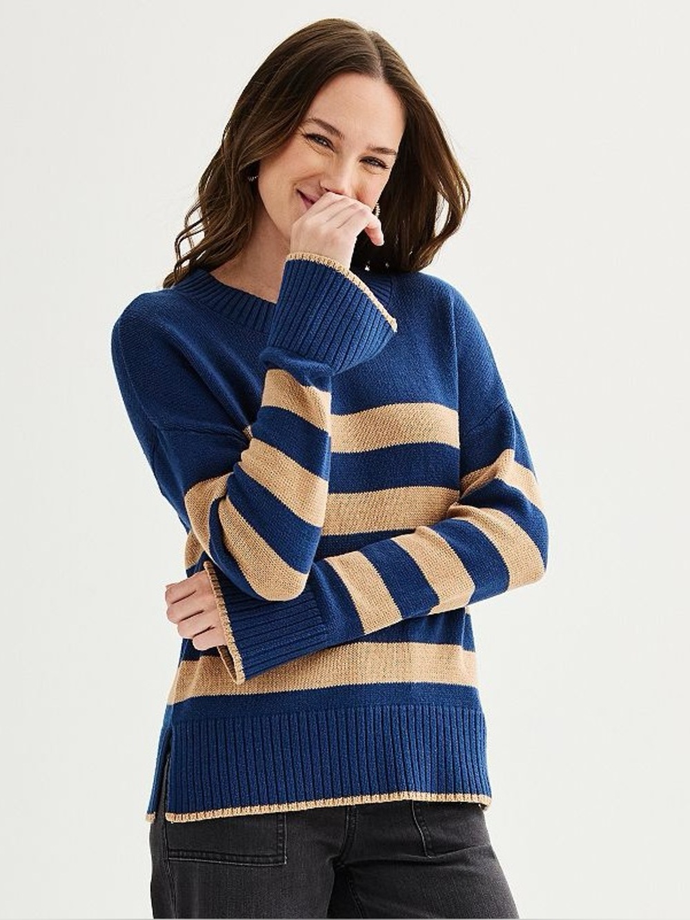 Sonoma Brown Navy Striped Large Side Slit Crewneck Sweater NWT Casual Pullover